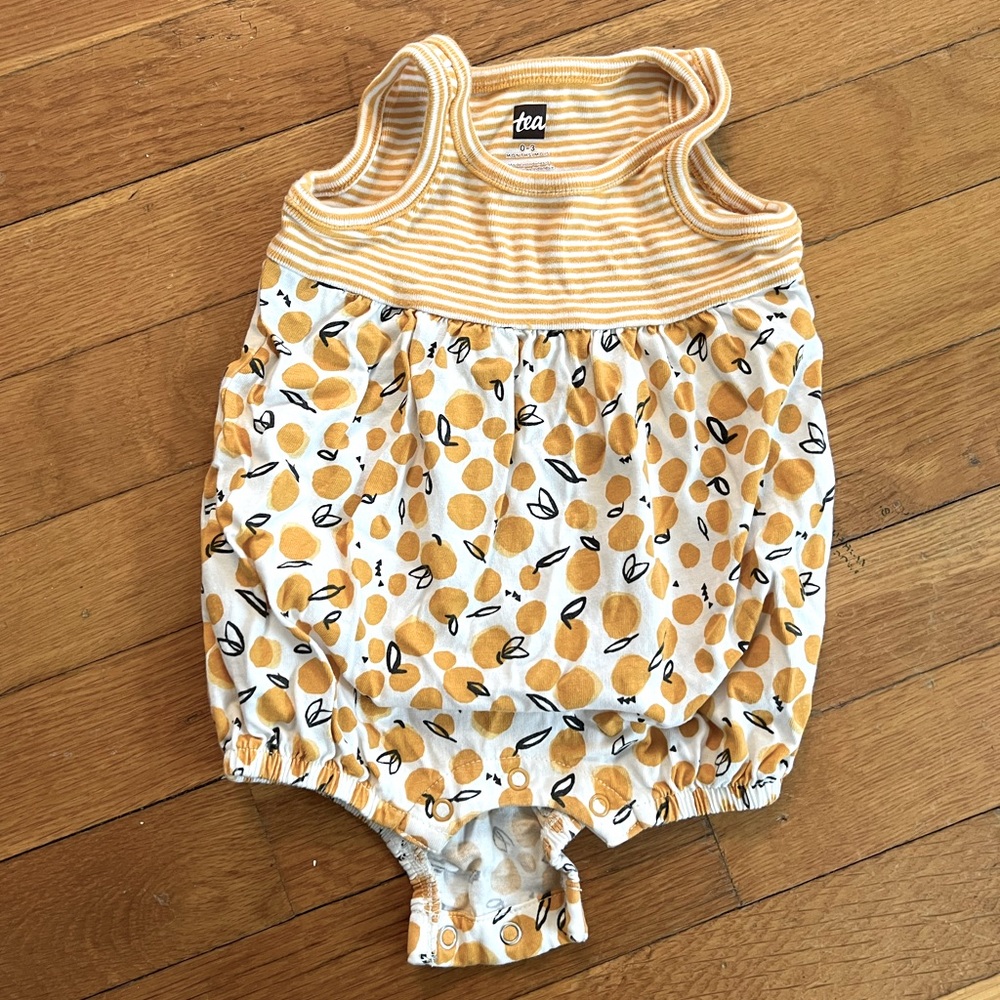 Tea Brand onesie with its yellow pears and stripes